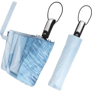 A folding ten-panel umbrella in shades of blue, featuring a sleek handle and a protective sleeve.