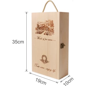 A wooden wine box in a light wood colour, featuring a handle and decorative engraving. Dimensions are 35cm x 19cm x 10cm.