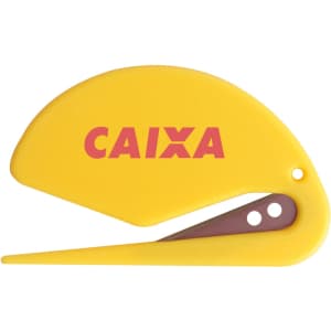 A yellow letter opener with a curved design and a brown accent, featuring a branding logo.