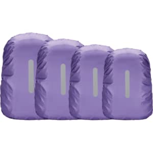 A set of four purple reflective backpack rain covers with a logo on one side.