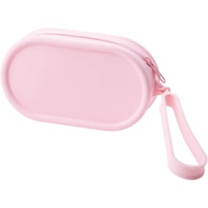 A pink round silicone storage bag with a zip closure and a strap. It features a logo.