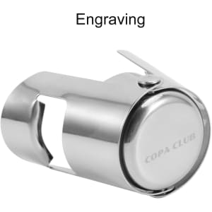 A stainless steel champagne stopper with a circular base and engraving, featuring a polished finish.