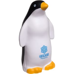 A penguin-shaped stress reliever in black and white with a yellow beak and feet, featuring a logo on the side.