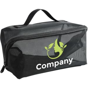 A large capacity black nylon mesh cosmetic bag with a zip closure and a handle, featuring a logo.