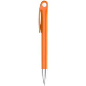 An orange plastic pen with a silver tip and a clip, featuring a branding logo.