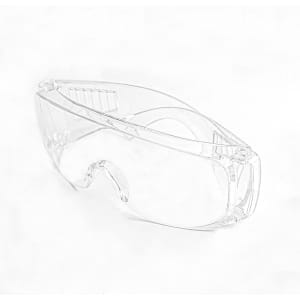 Clear anti-fog safety protective goggles with a streamlined design, featuring a logo on the side.