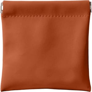 An orange small pocket cosmetic bag with a smooth finish and a metal clasp closure.