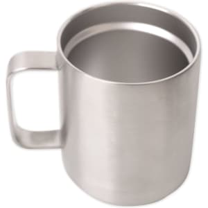 A stainless steel mug with a sleek design and a sturdy handle. The interior is smooth and polished.