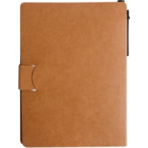 A brown notepad with a ballpoint pen attached, featuring a clasp closure. It has a simple design and includes a logo.