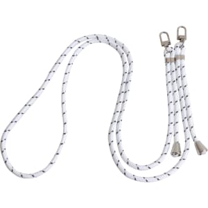 An adjustable phone lanyard in white with black stripes, featuring clips at both ends.