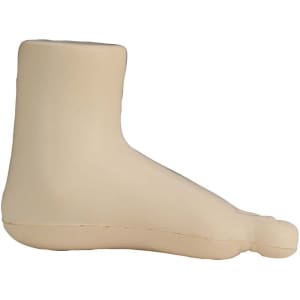 A beige leg-shaped stress reliever toy with a smooth surface. Features a simplistic design and a branded logo.