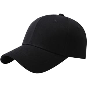 A black cotton baseball cap with a hard top and a curved brim, featuring a logo.