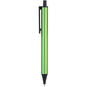 A green plastic click pen with a black clip and tip, designed for writing. It features a logo.