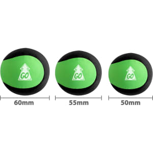 Three green water bouncing balls in varying sizes, featuring black accents and a logo on each.