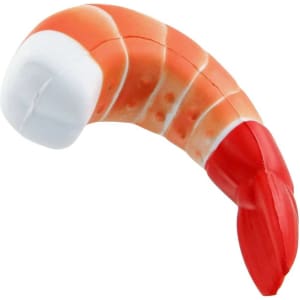 A red and white shrimp-shaped stress reliever with a smooth texture and a cartoonish design.
