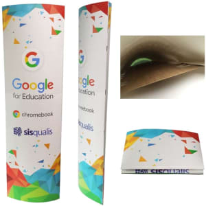 A cardboard display totem with a colourful geometric design, featuring a logo and promotional text.