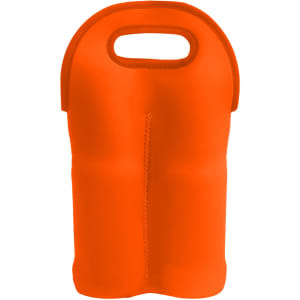 A drink bottle carrier in bright orange neoprene, designed to hold two bottles, featuring a handle and a logo.
