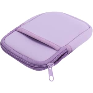 A drink bottle pouch in purple with a zip closure and a front pocket. It features a logo on the side.
