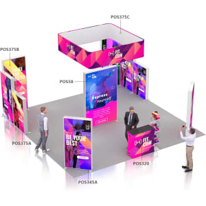 A vibrant exhibition stand featuring multiple displays, bright graphics in pink and purple, and an open design with visitors engaging.