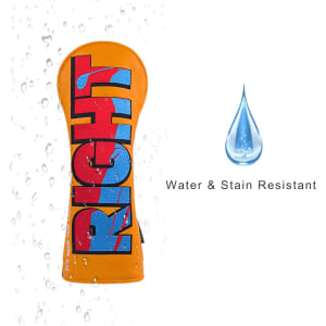 A bright orange custom golf head cover with blue lettering, featuring water and stain resistance.