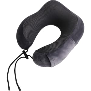 A grey memory foam U-shaped travel pillow with a textured finish and adjustable cord.