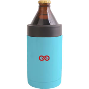 A 14oz stainless steel stubby holder in turquoise with a grey top, holding a brown glass bottle.