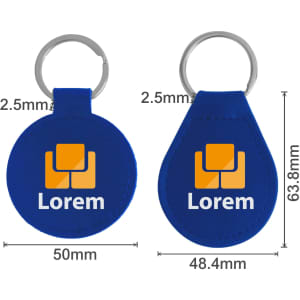 A blue PU leather keyring featuring a round and teardrop shape, each with a metal ring and a logo.