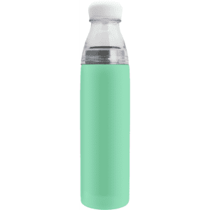 A drink bottle featuring a mint green stainless steel body, with a clear lid and a logo on the surface.