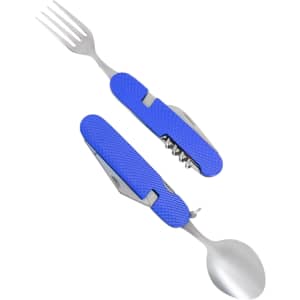 A multipurpose camping cutlery tool featuring a blue handle, including a fork, spoon, and corkscrew, with branding present.