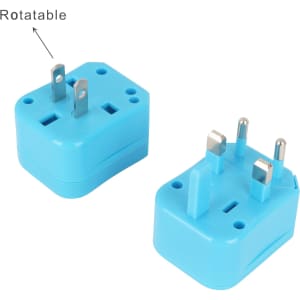 A blue universal travel adapter kit featuring rotatable plugs for different socket types. Includes multiple plug configurations.