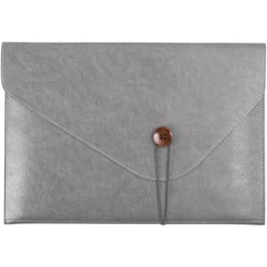 A grey PU leather folder with a button closure and elastic tie. It features a smooth texture and a simple design.