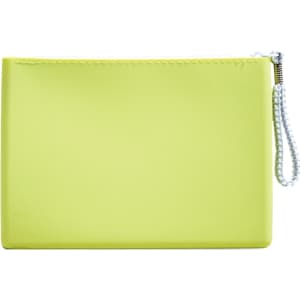 A yellow silicone cosmetic pouch with a textured surface and a silver bead chain zipper.