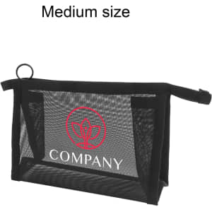 A medium-sized triangular cosmetic bag in black mesh, featuring a logo on the front.
