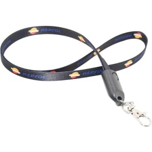 A black polyester lanyard with a clip, featuring a repeated logo pattern.