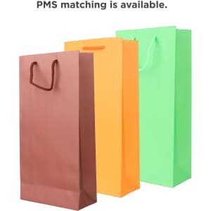 A set of three paper wine bottle bags in brown, orange, and green, each with different handles and a logo.