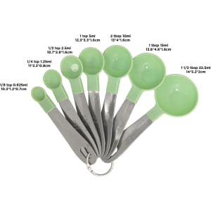 A set of green measuring spoons with stainless steel handles, featuring seven different sizes on a metal ring.