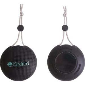 A black portable waterproof Bluetooth speaker with a hanging strap and a logo. Features a microphone and a smooth back.