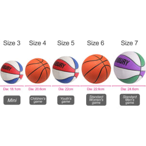A range of basketballs in varying sizes, featuring orange, blue, purple, and white colours, each with a logo.