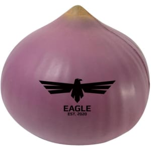 An onion-shaped stress reliever in purple, featuring a logo on its surface.