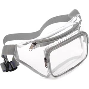 A clear fanny pack with a grey strap, featuring a zippered compartment and transparent body.