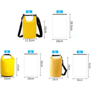 A waterproof dry bag in yellow, available in various sizes from 2L to 5L, featuring adjustable straps and a logo.