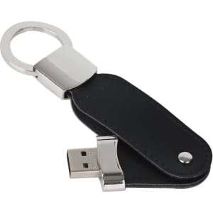 A black leather swivel flash drive with a silver key ring attachment and a USB connector.