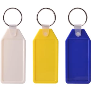 Three Long Hexagon Hard Plastic Keyrings in white, yellow, and blue, each with a silver metal keyring attachment.