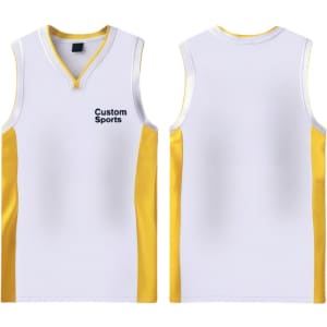 A sleeveless sport jersey in white with yellow accents and a logo, featuring a curved V-neck design.
