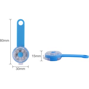 A blue LED pet collar light with a circular design and a handle for attachment, measuring 80mm by 30mm.