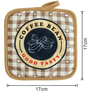 A quilted pot holder in shades of brown with a coffee bean graphic and a branded logo, measuring 17cm x 17cm.