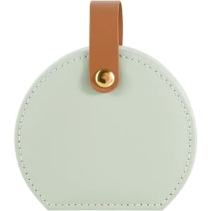 A small portable PU leather jewellery box in mint green with a brown strap and gold button detail.