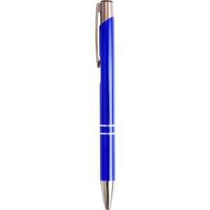 A blue aluminium click pen with a sleek silver trim and a logo on the clip.
