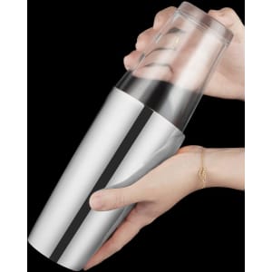 A drink bottle with a metallic silver body and a clear top, featuring a black stripe and a logo.