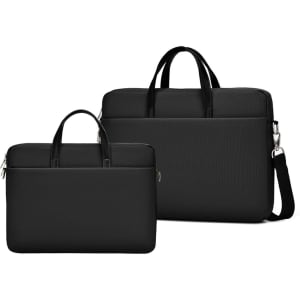 A black sling laptop bag set, featuring a padded compartment and dual handles, with one bag being smaller than the other.